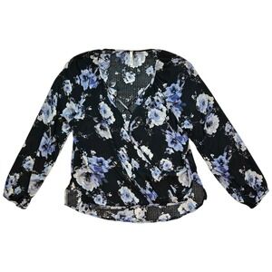 Solemio Floral Surplice Wrap Blouse Black Blue Long Sleeve V-Neck Women's S